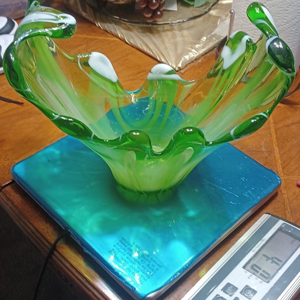 Art Glass Vase Green With White swirl Hand Blown  1950's